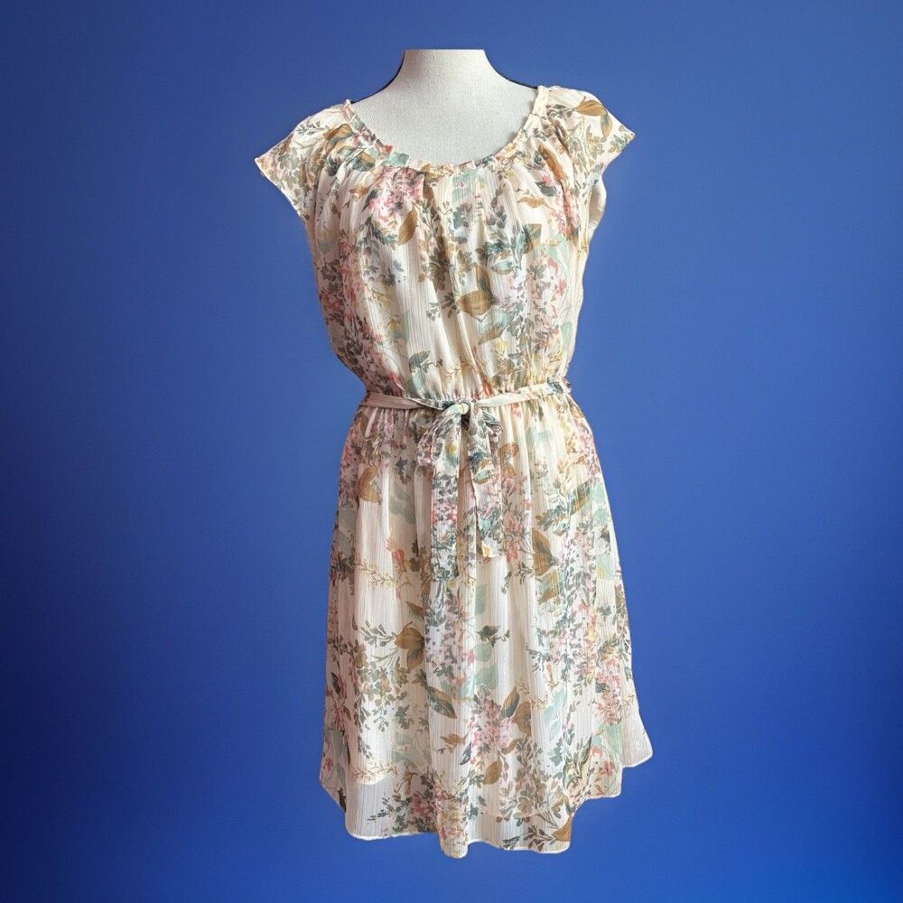 Lauren Conrad Dress Women's Size Medium Peach Floral Gold Cap Sleeve